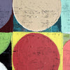 Abstract geometric wall art featuring textured painted circles and squares in red, beige, yellow, turquoise, green, pink, black, and purple.