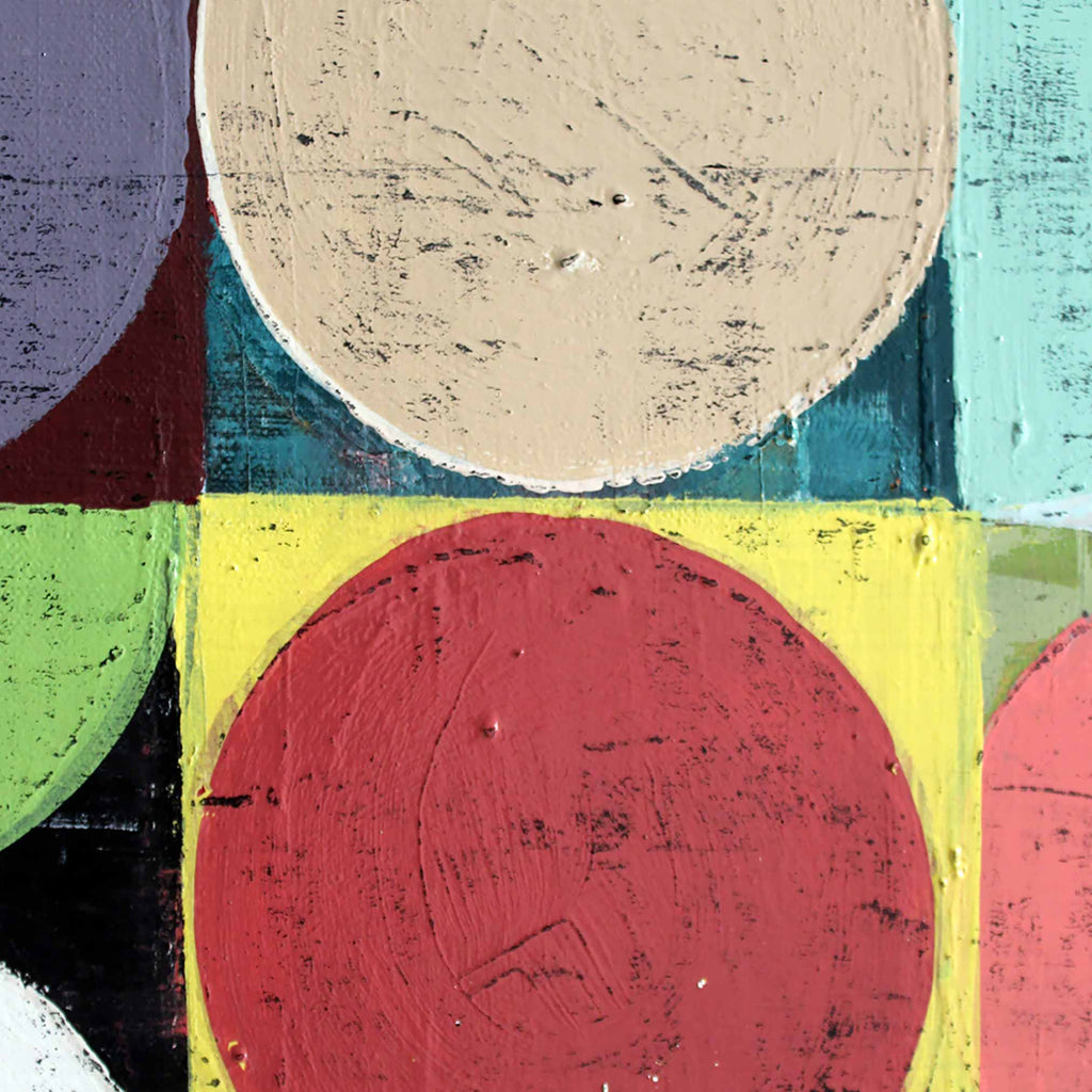 Abstract geometric wall art featuring textured painted circles and squares in red, beige, yellow, turquoise, green, pink, black, and purple.