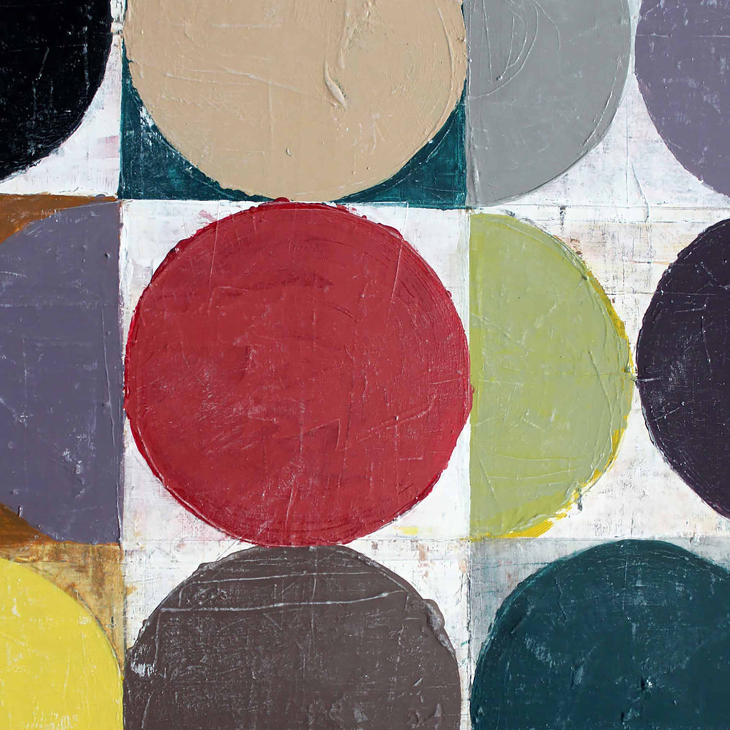 Abstract geometric painting featuring bold painted circles and semicircles in red, beige, gray, green, yellow, brown, and purple on a white grid background.