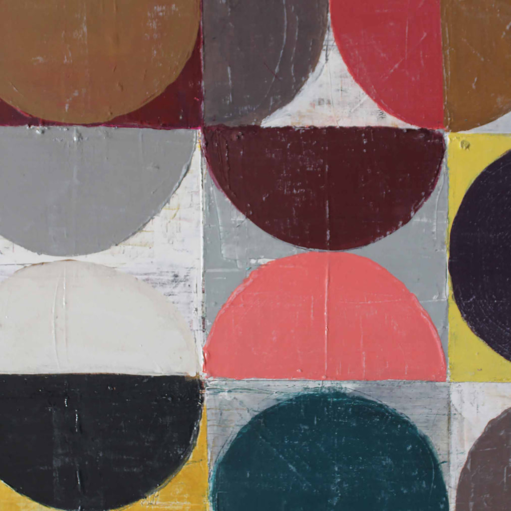 Abstract geometric painting with overlapping semicircles and quarter circles in muted terracotta, red, gray, burgundy, cream, yellow, black, teal, and brown tones.
