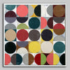 A square abstract painting featuring a grid of circles and semicircles in multiple colors including red, yellow, teal, brown, gray, black, beige, and green on a white background, presented with a white border.