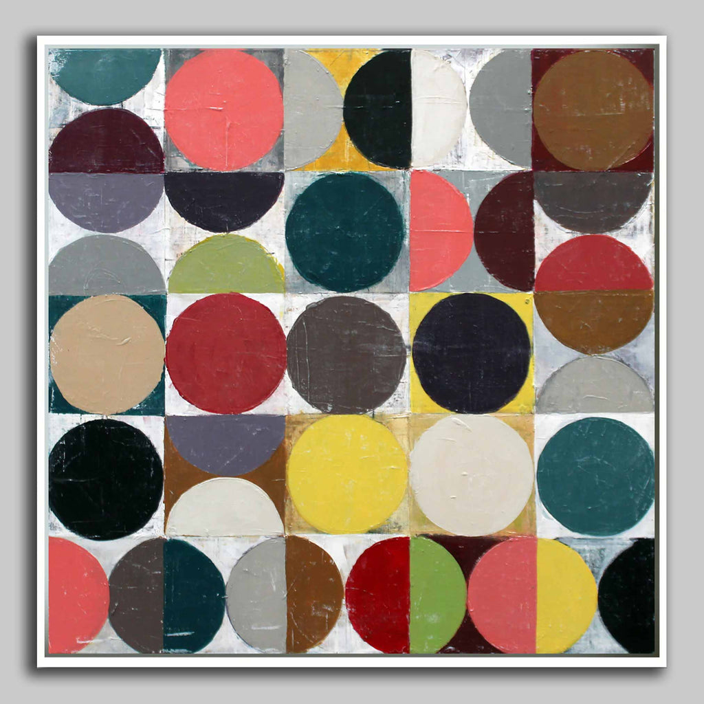 A square abstract painting featuring a grid of circles and semicircles in multiple colors including red, yellow, teal, brown, gray, black, beige, and green on a white background, presented with a white border.