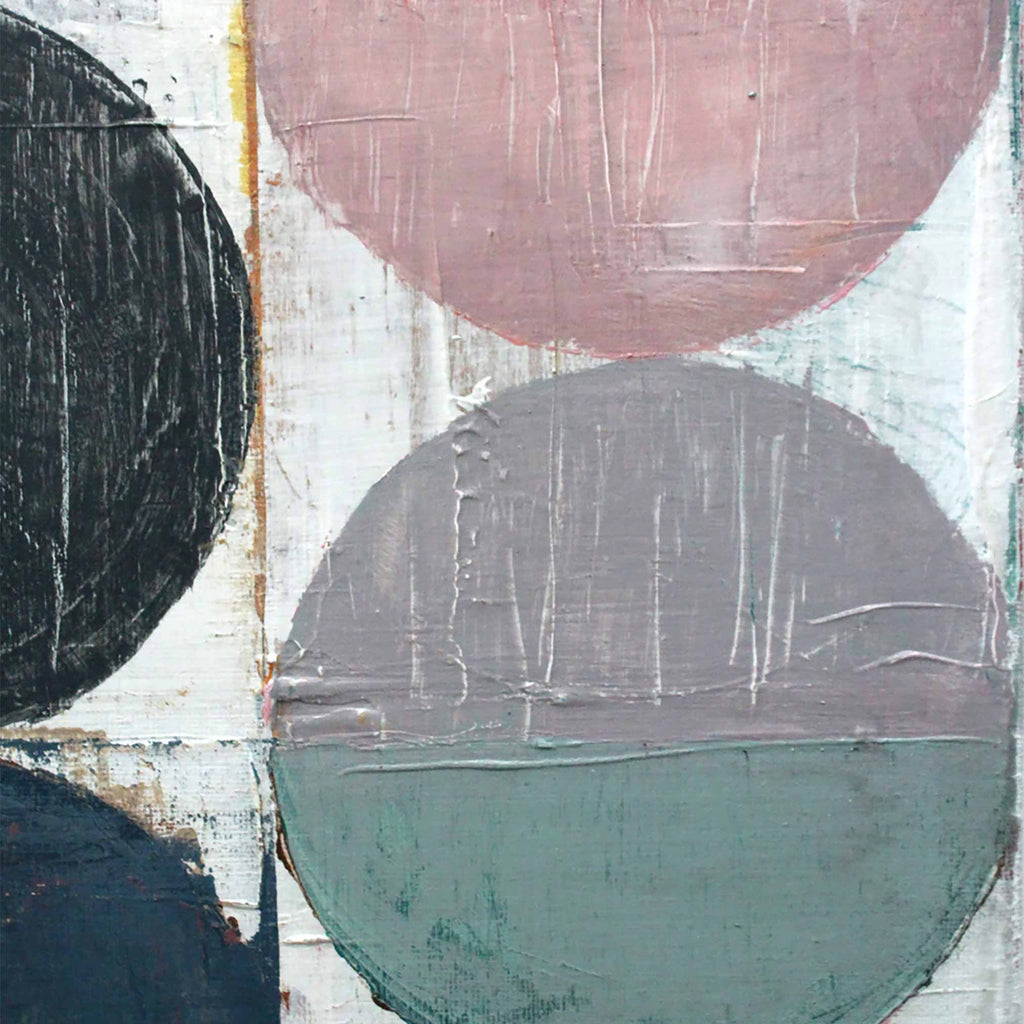 Abstract geometric painting featuring textured circles in black, dusty pink, gray, and muted green on a distressed off-white background.