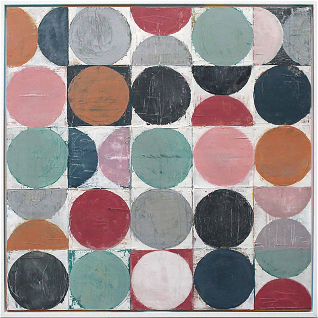 An abstract geometric painting featuring a grid of painted circles and half-circles in muted pink, teal, red, orange, gray, black, and navy on a white background.