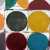 Abstract geometric painting featuring bold painted circles and semi-circles in yellow, teal, red, orange, black, and blue on a white grid background.