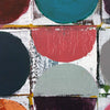 Abstract geometric painting with overlapping semi-circles and arcs in teal, red, dark blue, light gray, orange, and purple on a white textured background.