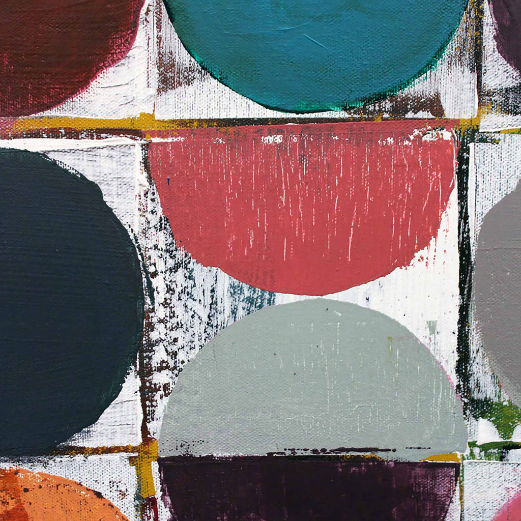 Abstract geometric painting with overlapping semi-circles and arcs in teal, red, dark blue, light gray, orange, and purple on a white textured background.