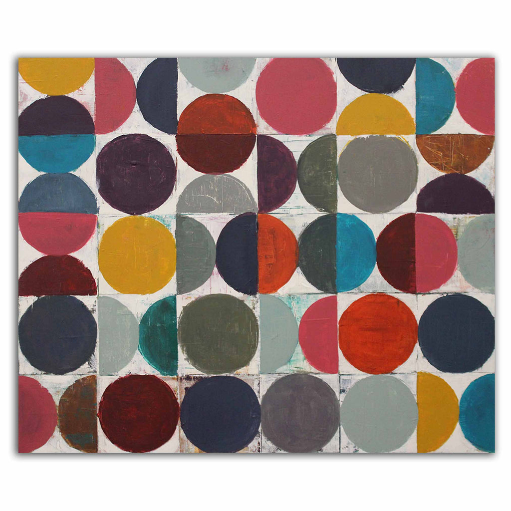 A square abstract art painting featuring a grid of colourful circles and semicircles in red, pink, yellow, blue, teal, grey, and navy on a white background, shown against a plain white studio wall.