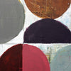 Abstract geometric painting featuring textured semi-circles and arcs in gray, brown, purple, red, pink, and pale blue on a white background.