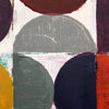 Abstract geometric painting with thick textured brushstrokes in gray, navy, orange, yellow, white, and burgundy.