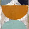 Abstract painting with thick impasto brushstrokes, featuring a large mustard yellow semicircle over a textured off-white background, with a large pale mint green semicircle at the bottom and dark blue sections at the top.