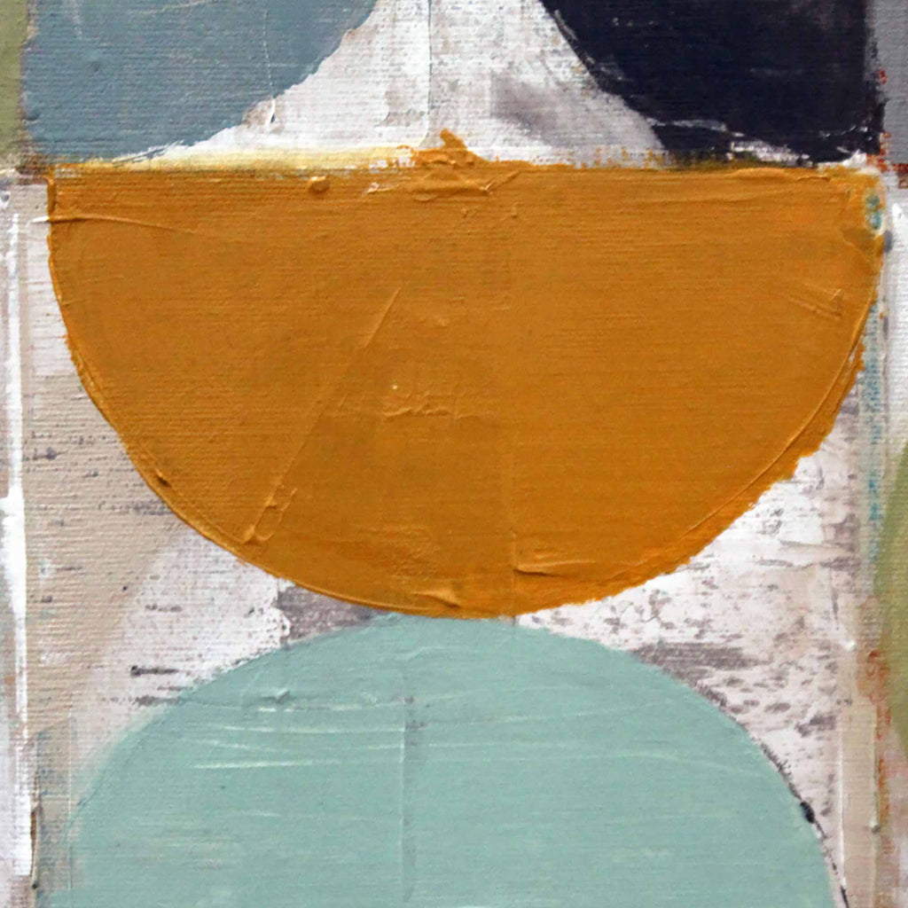 Abstract painting with thick impasto brushstrokes, featuring a large mustard yellow semicircle over a textured off-white background, with a large pale mint green semicircle at the bottom and dark blue sections at the top.