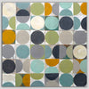 An abstract geometric painting featuring a grid of squares with painted circles and half-circles in muted teal, sage green, charcoal, gray, cream, and ochre orange.