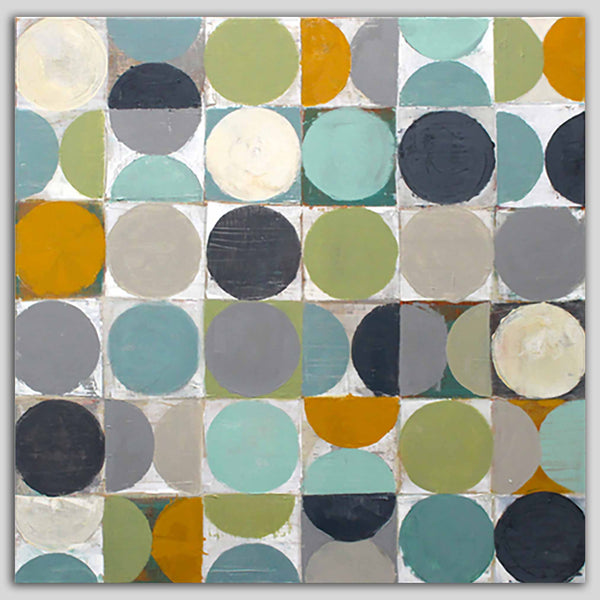 An abstract geometric painting featuring a grid of squares with painted circles and half-circles in muted teal, sage green, charcoal, gray, cream, and ochre orange.