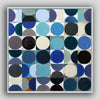 An abstract geometric square canvas painting featuring a grid of circles and squares in various shades of blue, teal, navy, black, gray, and cream, enclosed in a white wood frame.