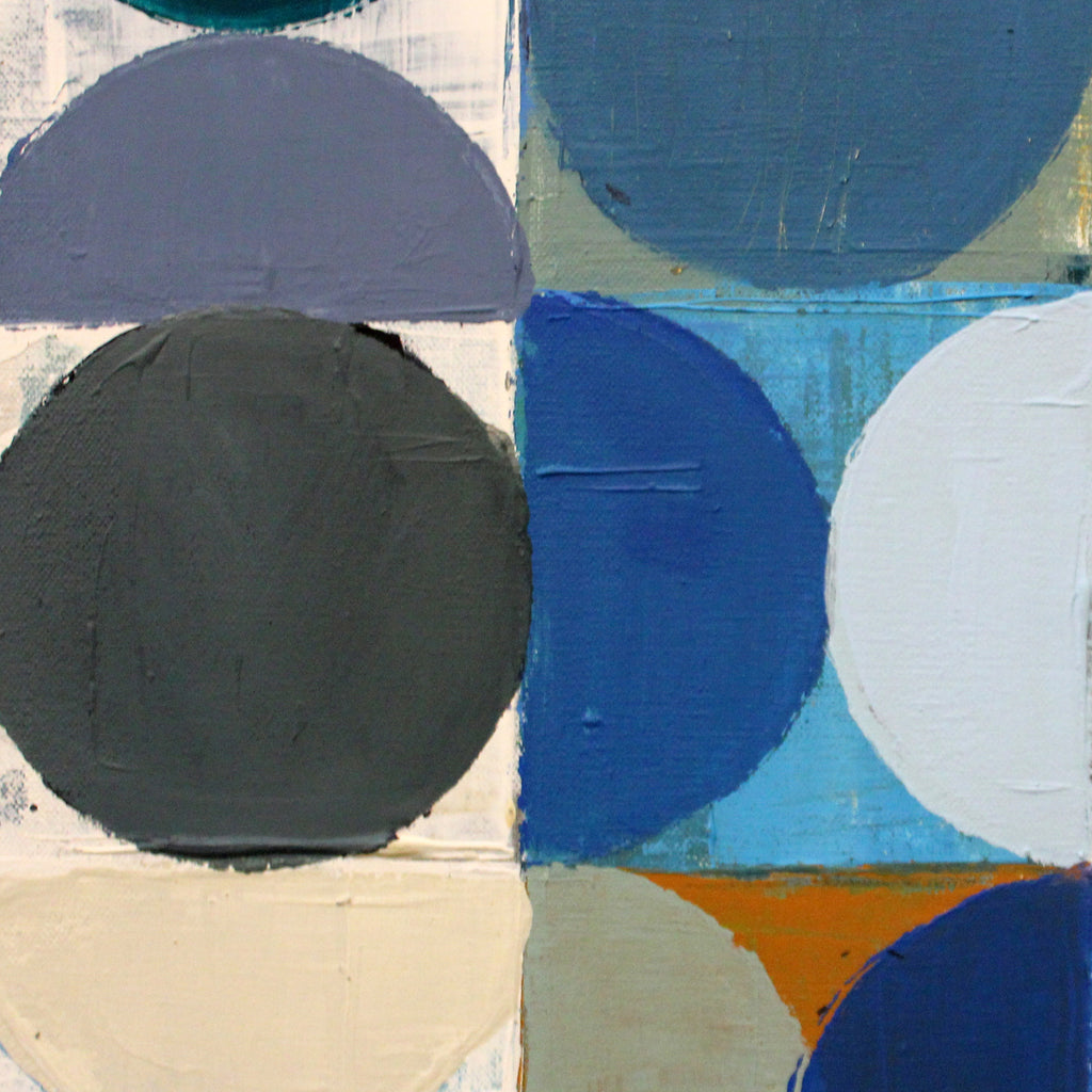 Abstract geometric painting with thick textured paint blocks and curved shapes in blue, grey, white, beige, and a small orange area.