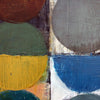 Abstract geometric painting featuring textured painted circles and half-circles in brown, green, yellow, gray, blue, white, and teal.
