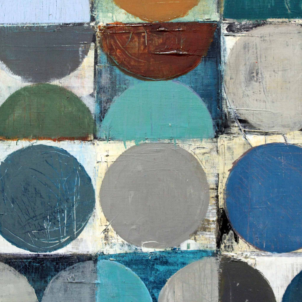 Abstract geometric painting featuring overlapping circles and semi-circles in teal, blue, gray, olive green, brown, and off-white, arranged in a grid-like composition with visible textured brushstrokes.